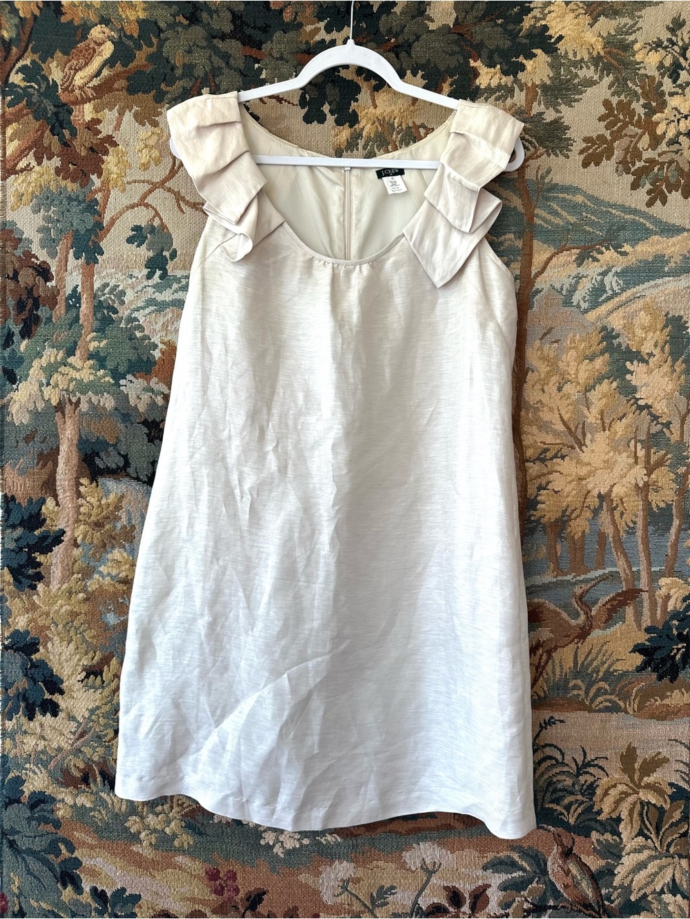 J Crew Silk Linen Shift Dress Ruffle Sleeveless Zip Above Knee Ivory Cream 10 M